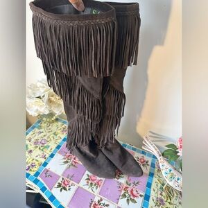 Sam Edelman Dark Grey Over the Knee OTK Moccasin Fringe Boots 10